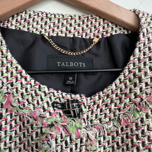 Talbots Jacket 10 Pink Green Neon Tweed Fringe Button Up Fray Edges Lined Coat - Picture 6 of 11